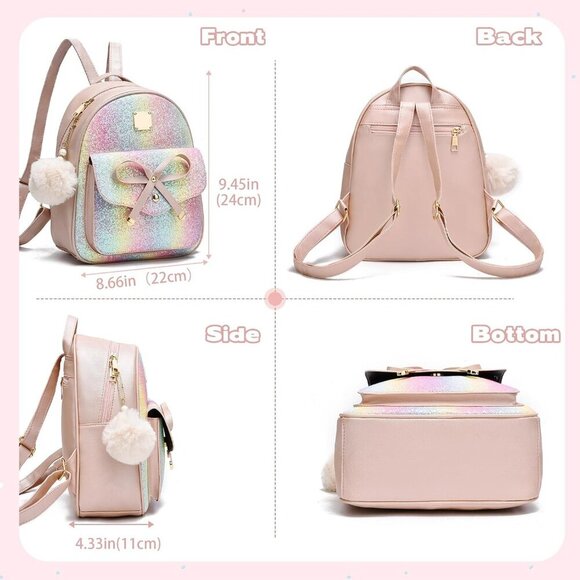 Glitter Pink 3-Piece Girls Bowknot Leather Backpack Set for Stylish Adventures main image 4